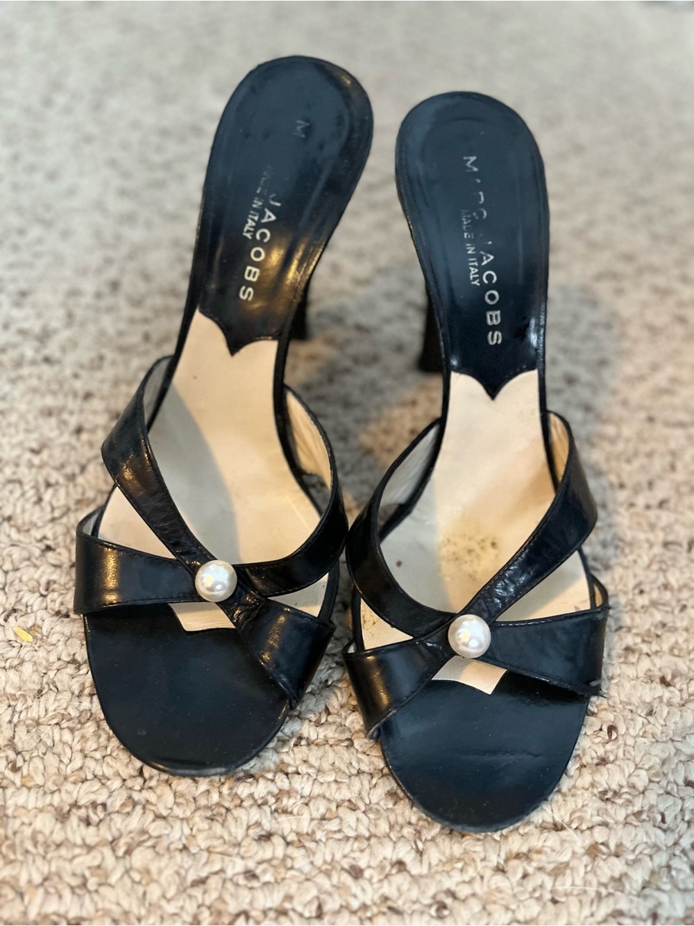 Vintage Marc Jacobs Black Leather Pearl-Accent Slide Heels